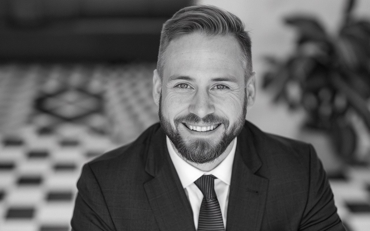 Black and white photo of a blond white male looking up at a camera in a hotel lobby. He is wearing a suit and a tie.