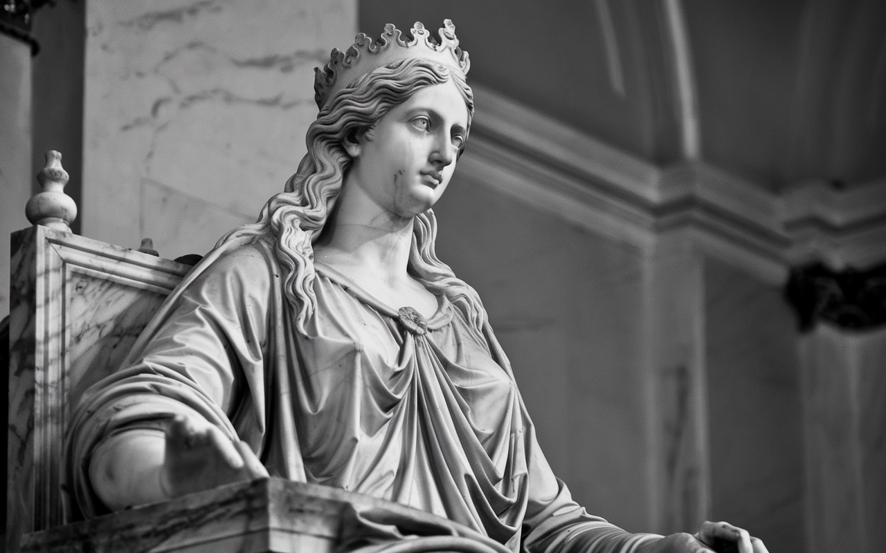 Crowned woman marble statue sitting on a thrown.