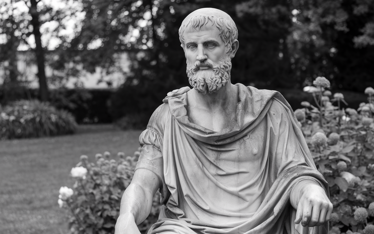 Statue of a roman sitting in a garden of flowers.