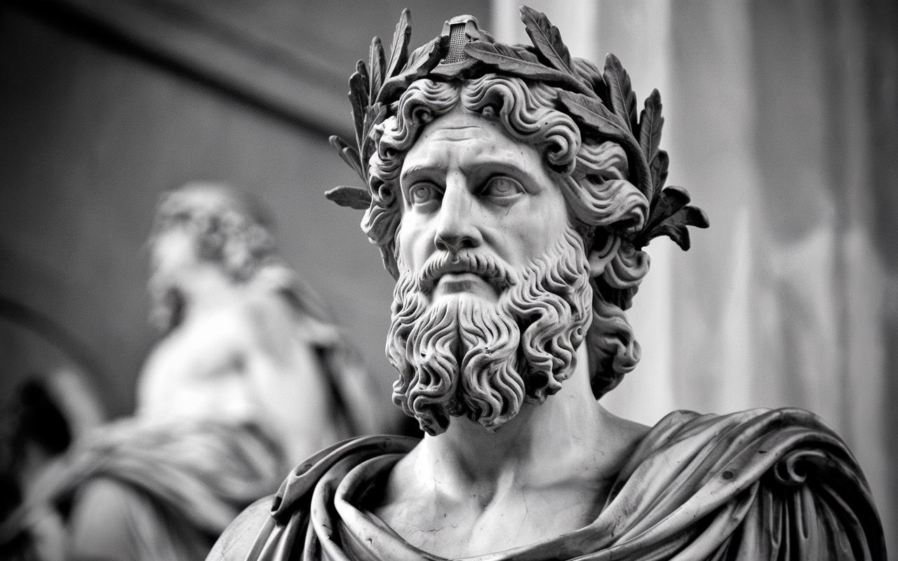 The bust of a Greek God with a full beard curly hair wearing and olive branch crown.