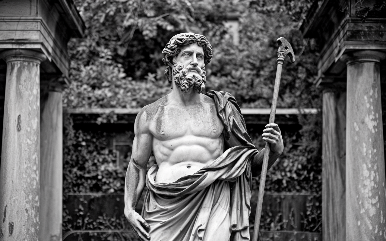 Marble statue of a Greek God in a park holding a scepter. He is clothed from wast down. He has a full beard.
