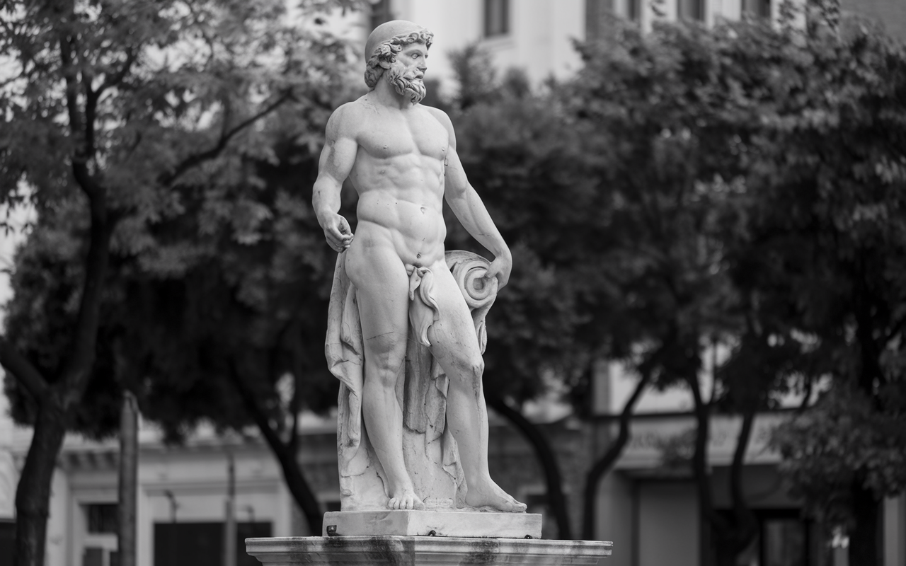 A Greek God stands in a park nude made of Marble. It is a meal figure with a beard and curly hair.