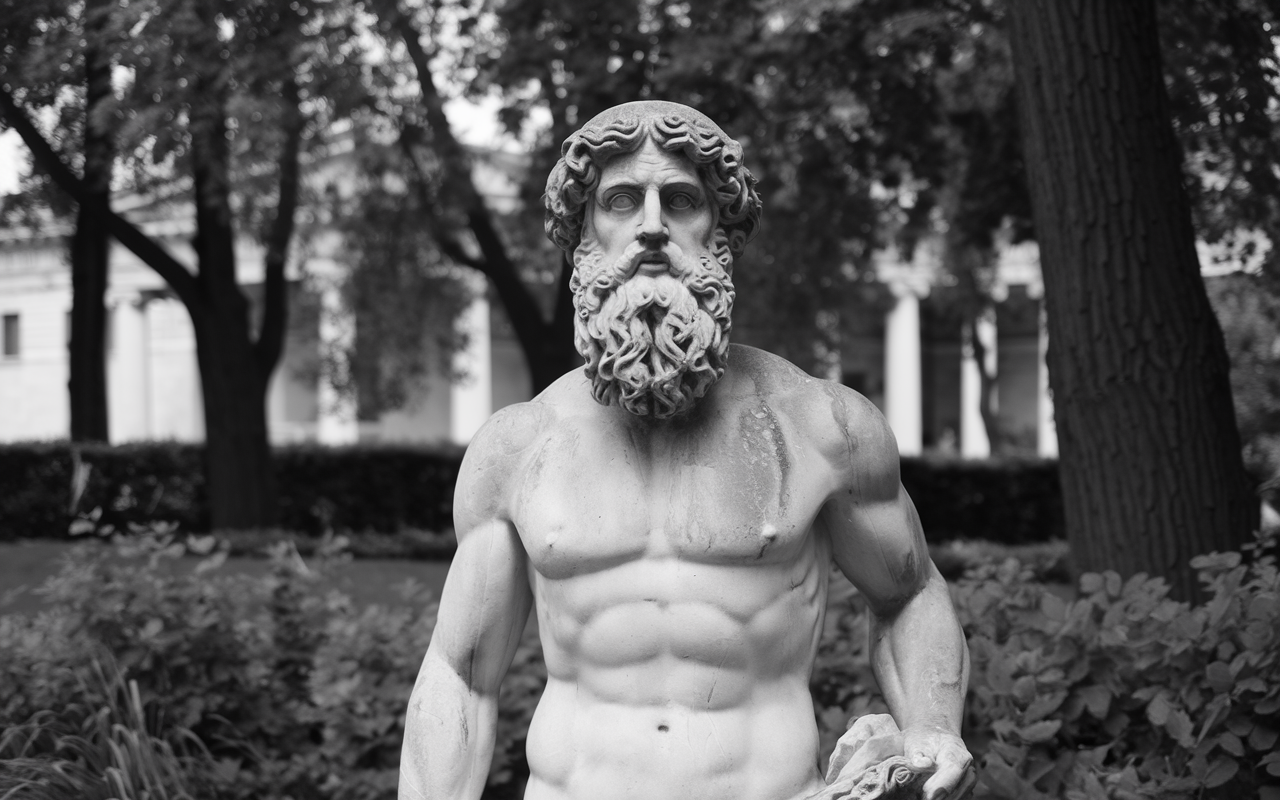 Roman Statue in a park marble naked from waste up.