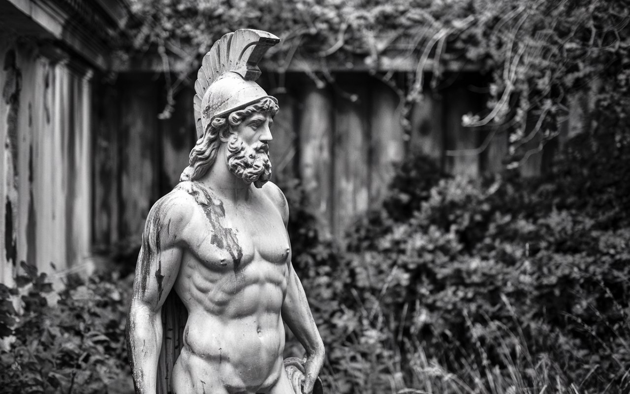 Roman warrior statue with a helmet. It is 3/4 of the statue in a garden.