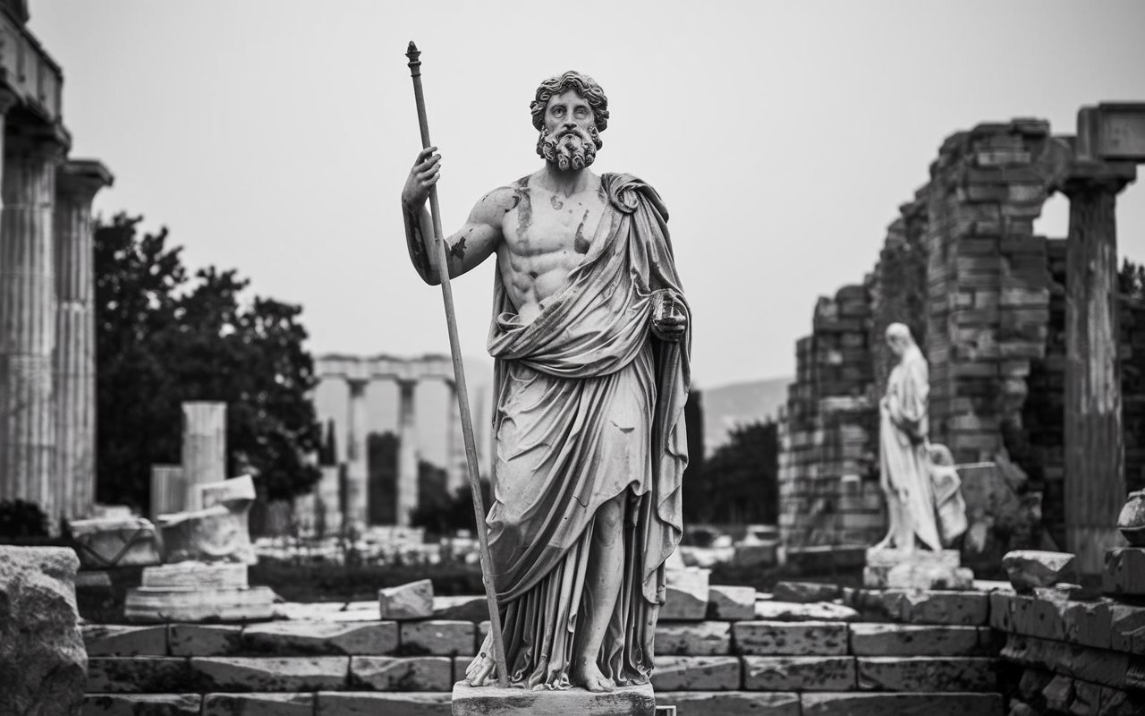 Greek God statue holding a spear in the midst of ruins.