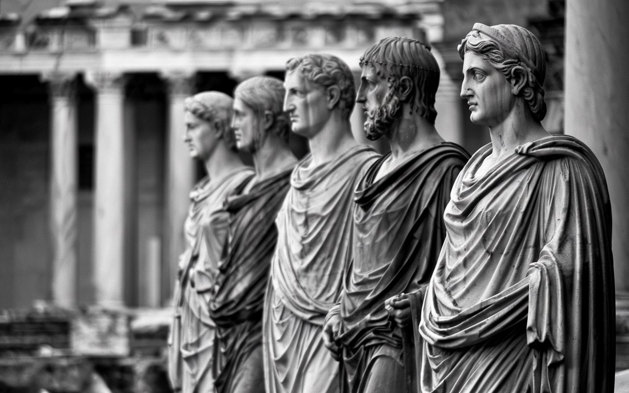 row of roman statues in an outdoor court yard lots of marble.