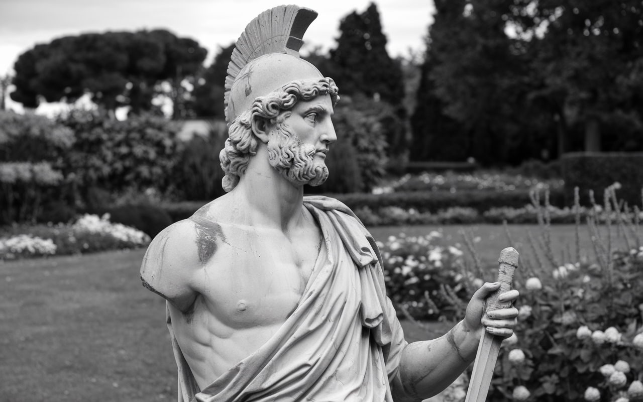 Roman warrior statue in a garden with a sword and helmet missing an arm.