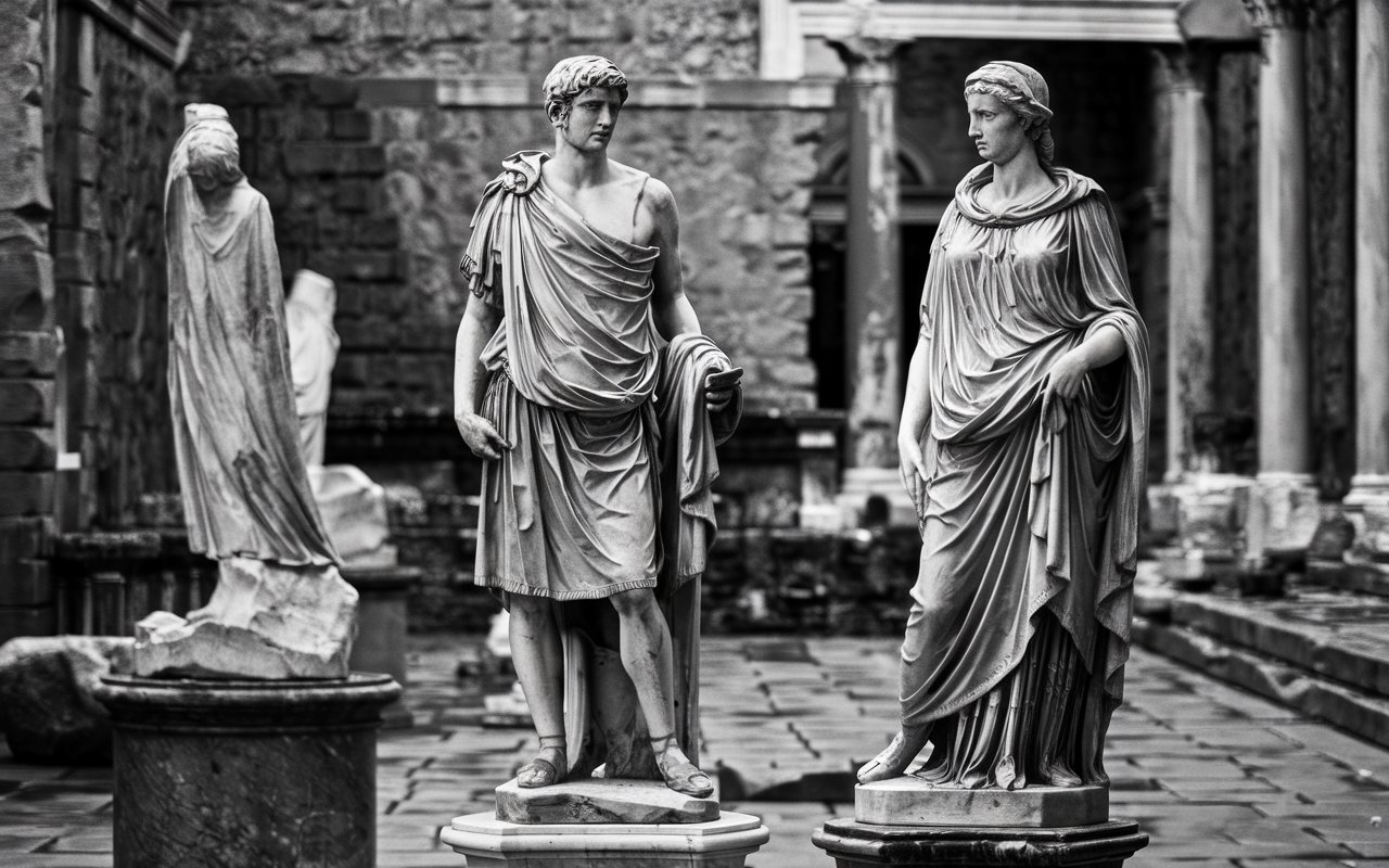 Roman marble statues in an old outdoor stone courtyard.