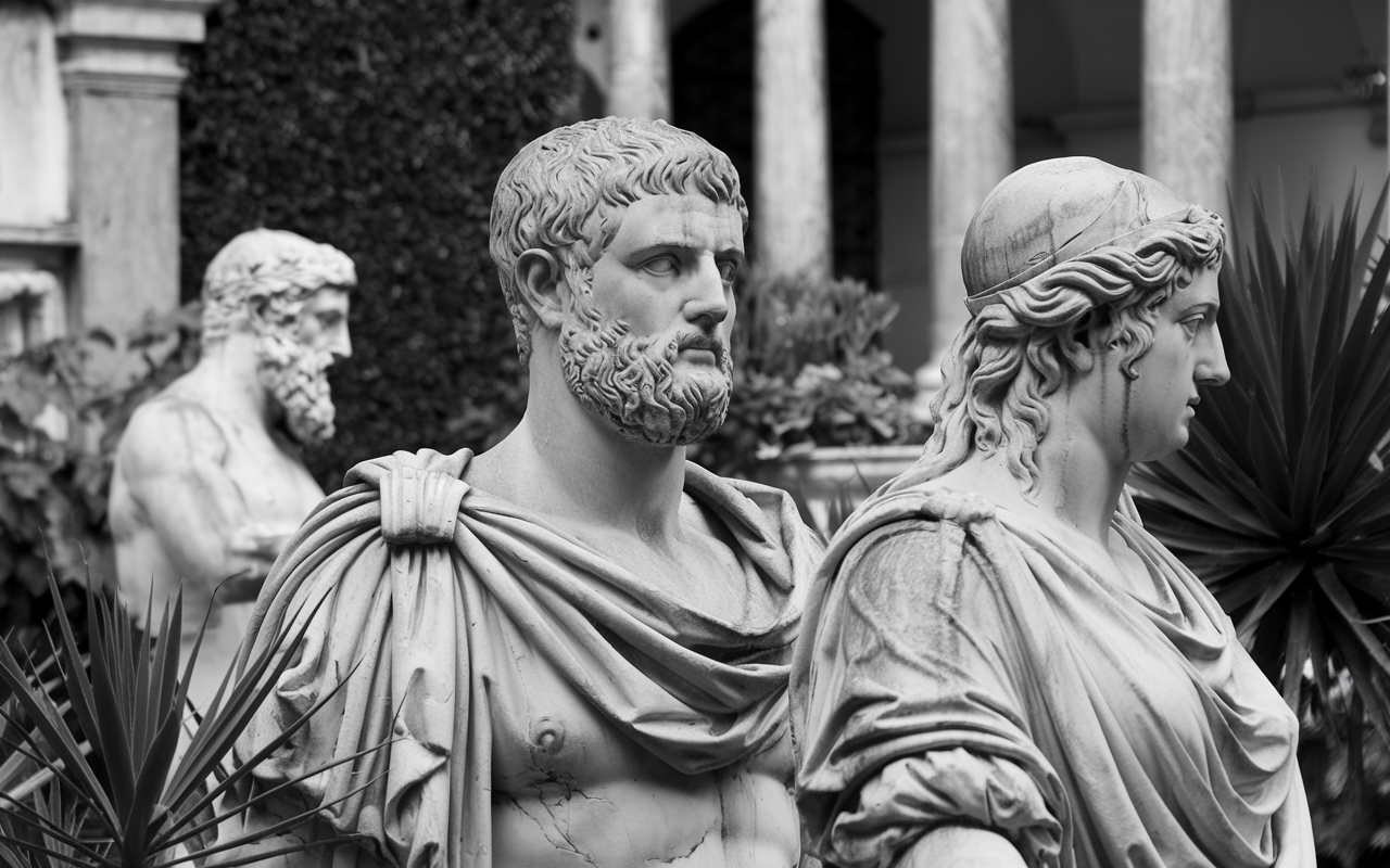 3 marble roman statues weathered in an outdoor garden.