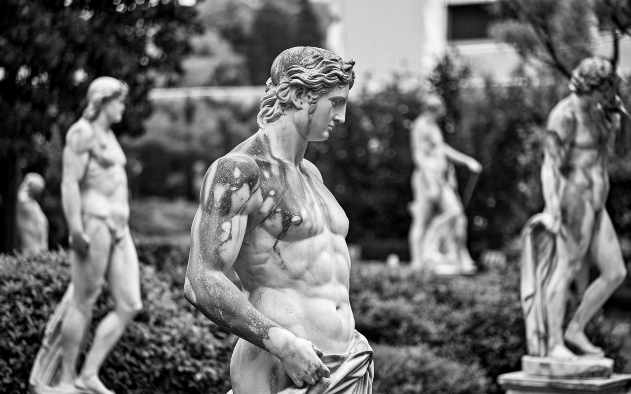 4 Roman statues in a garden they are all mostly nude.