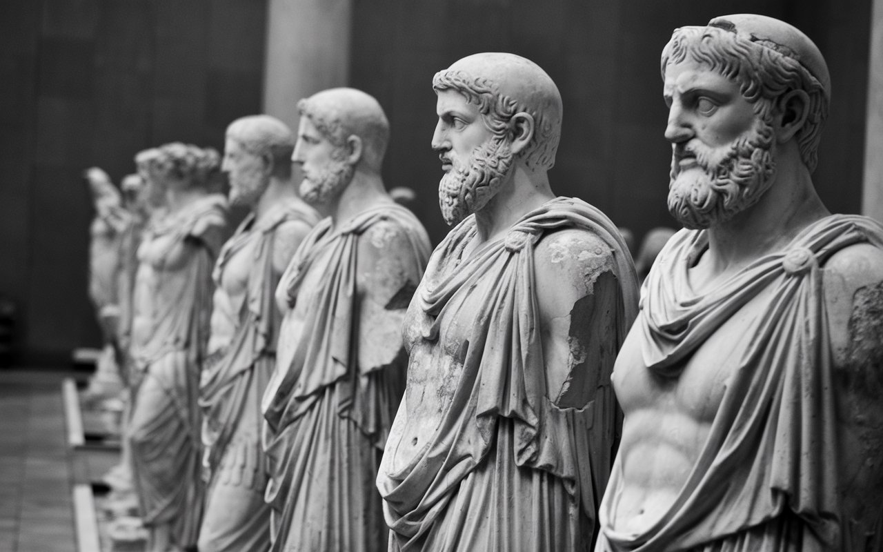 a room full of roman statues broken and weathered.