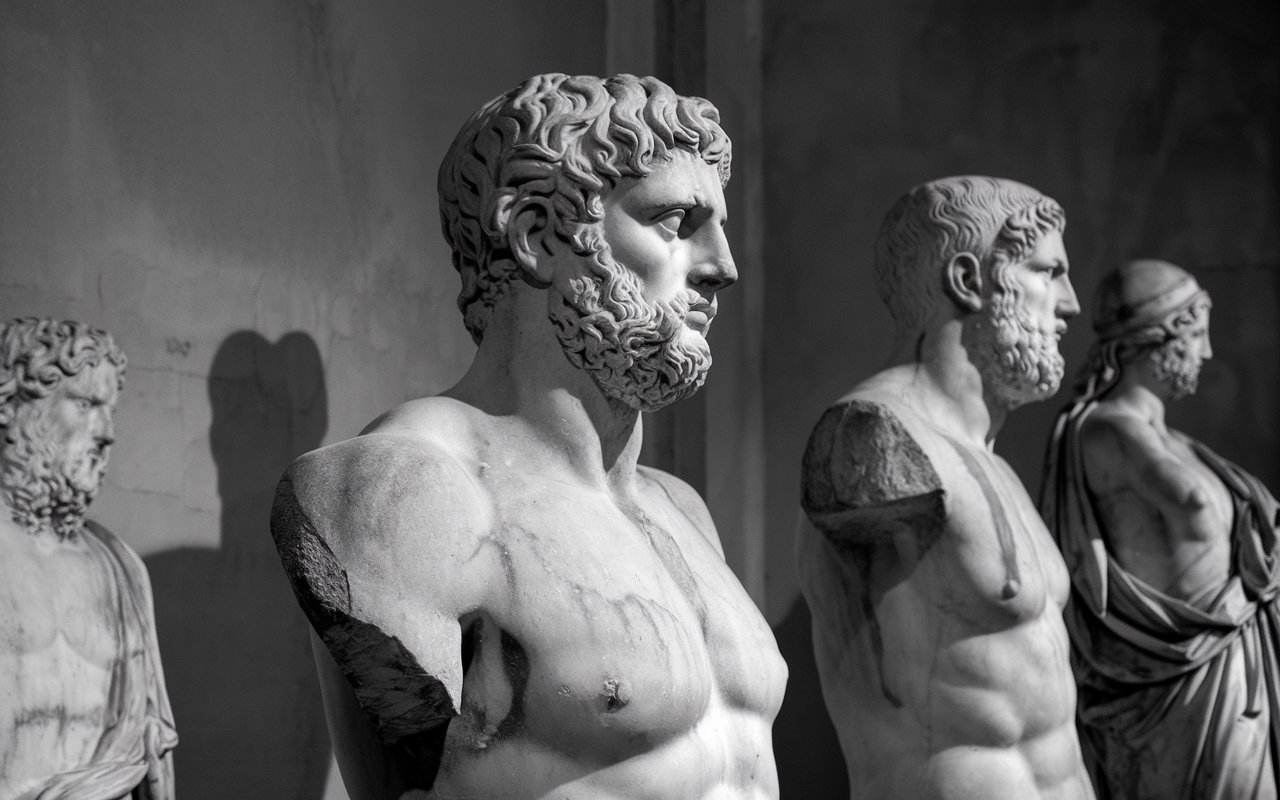 4 roman or greek statues with arms broken off in a gallery.