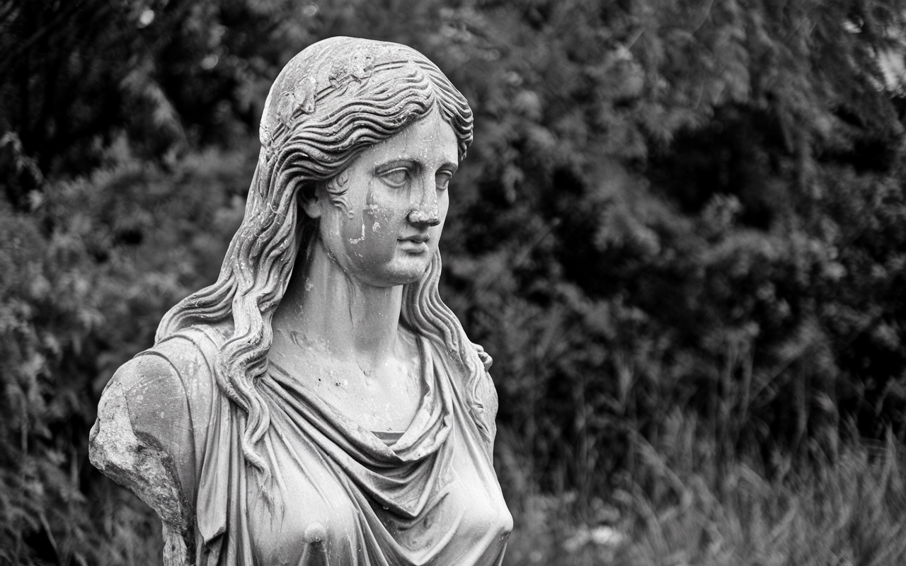 Bust of a roman woman in a field it is weathered and made of marble.
