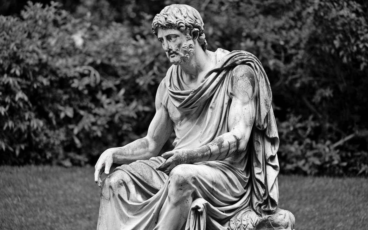 Roman statue of a man seated in a park weathered black and white photo.