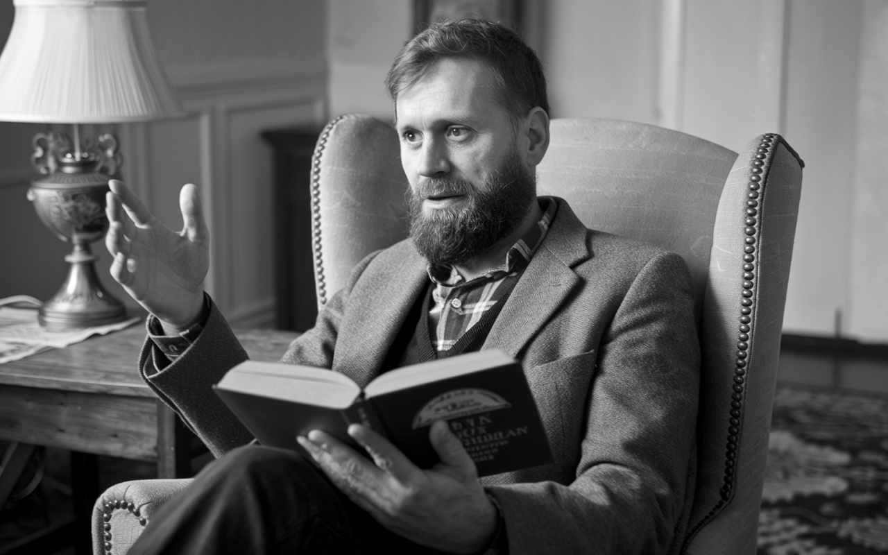 Black and white photo of a white man sitting in a chair with a book telling a story.