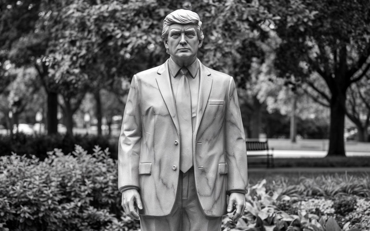 Statute of Donald J. Trump in a park.