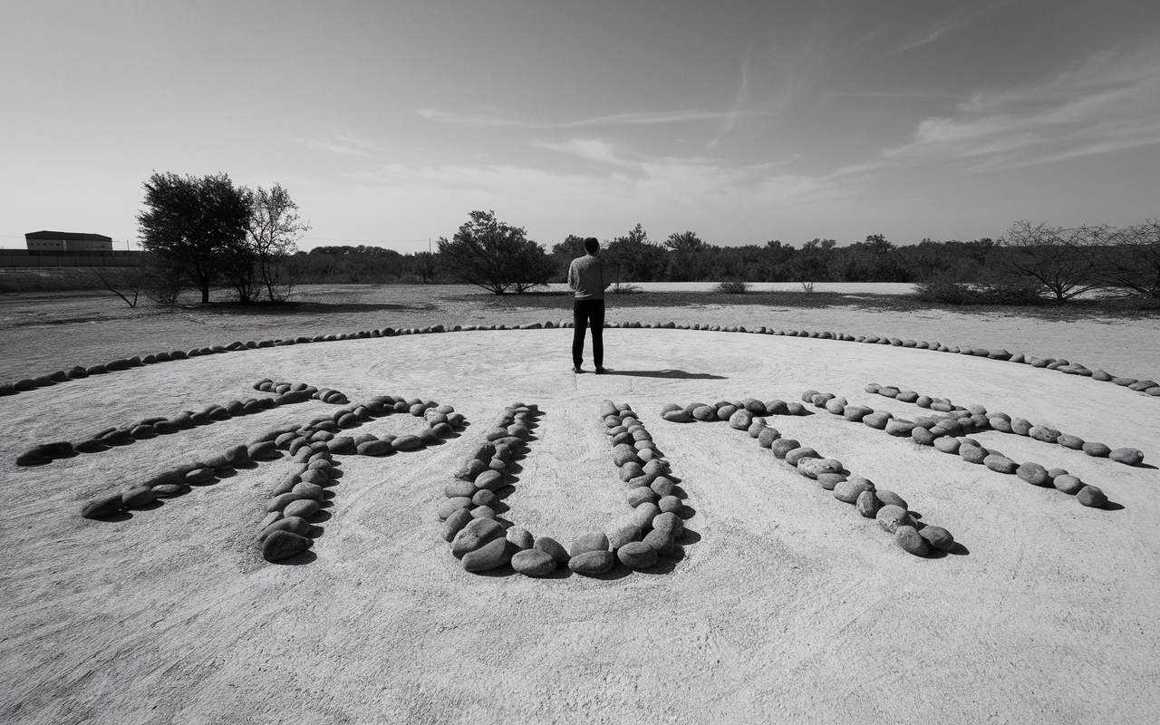 Black and white photo of the word truth spelled out in rocks with a man standing with his back to the camera