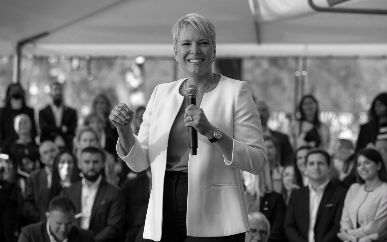 Black and white woman with short hair talking to a crowd.