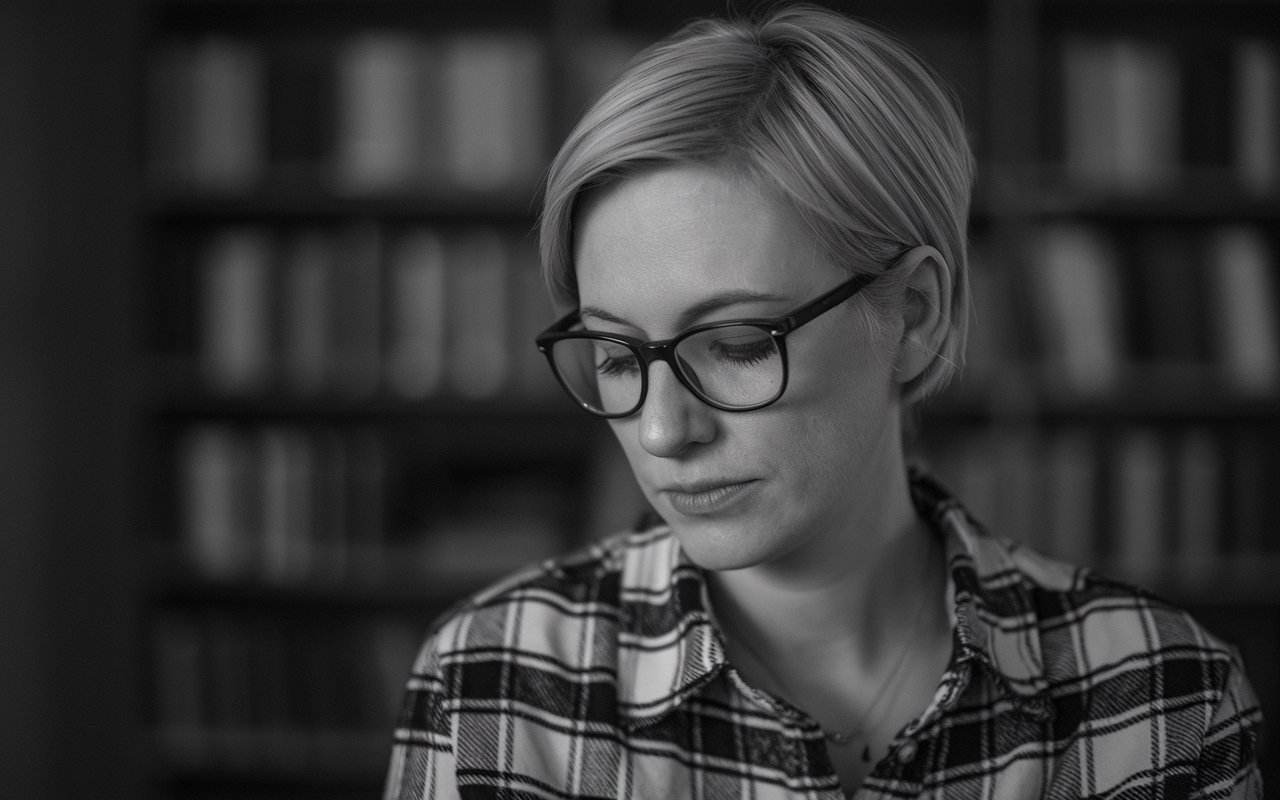 Black and white photo of a woman with glasses and short blonde hair. She is wearing a flannel shirt.