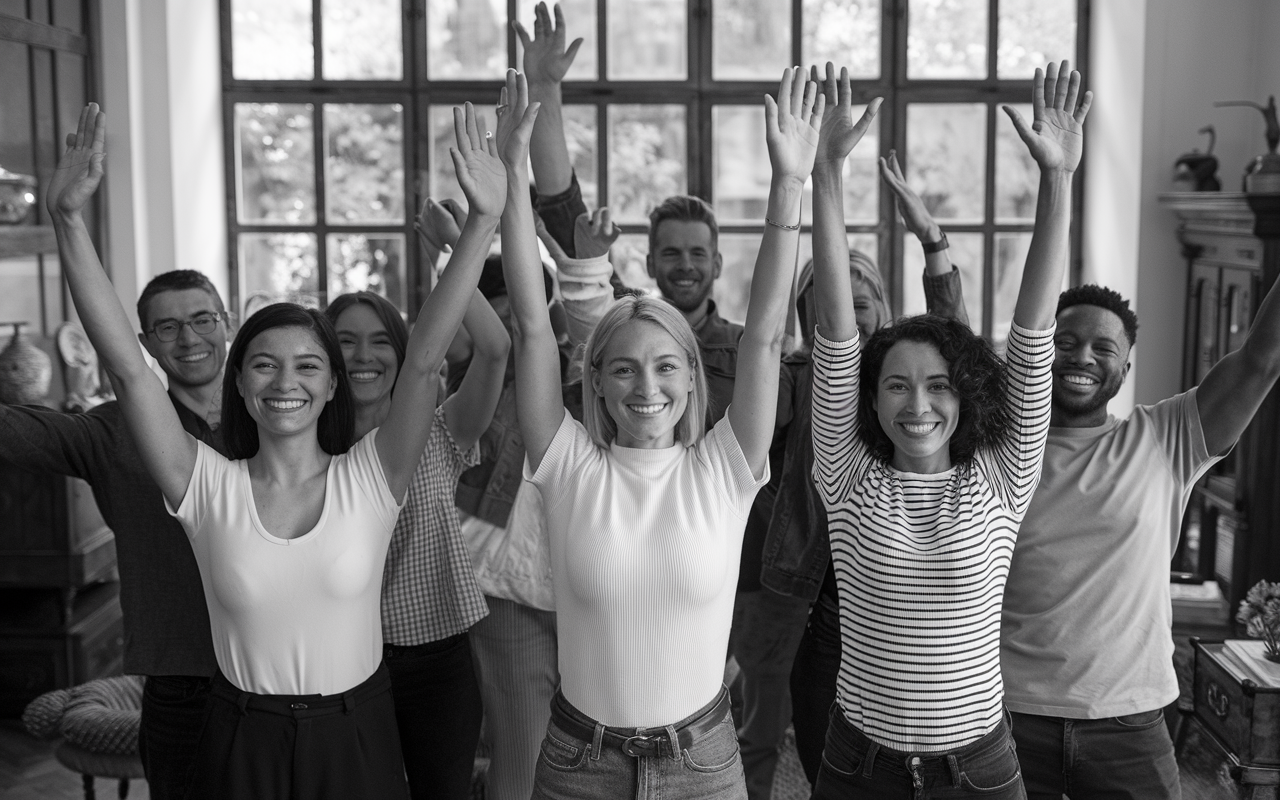 A black and white photo of a group of diverse people raising their hands in the air.